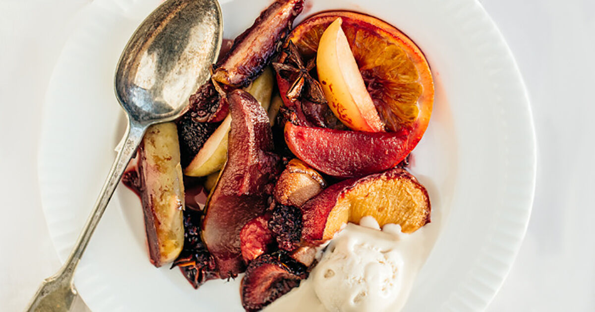 Roasted Sangria Fruit with Vanilla Cashew Ice Cream Roasted Sangria Fruit with Vanilla Cashew Ice Cream
