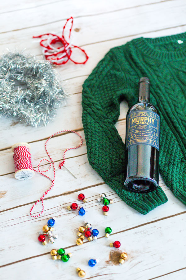 Materials for making the ugly wine christmas sweater Materials for making the ugly wine christmas sweater