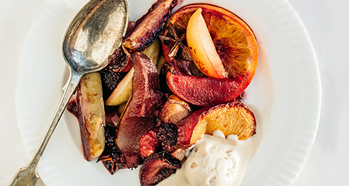 Roasted Sangria Fruit with Vanilla Cashew Ice Cream (Dairy Free)